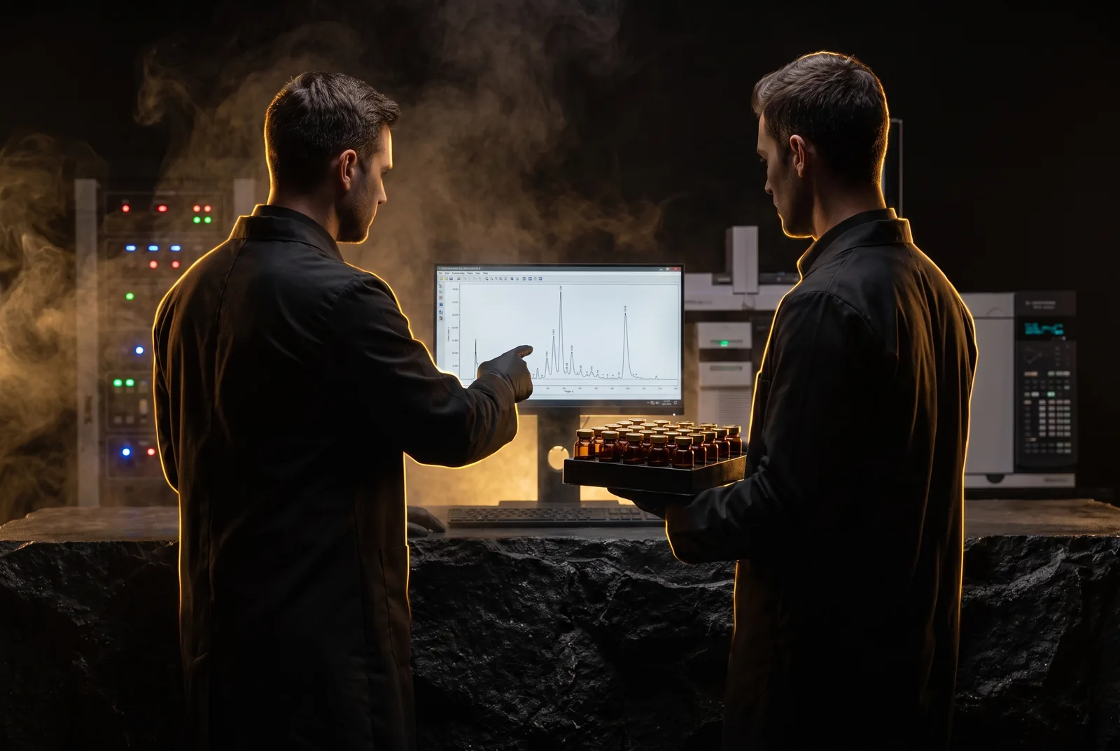 Two technicians compare a chromatogram on screen against a tray of vials.