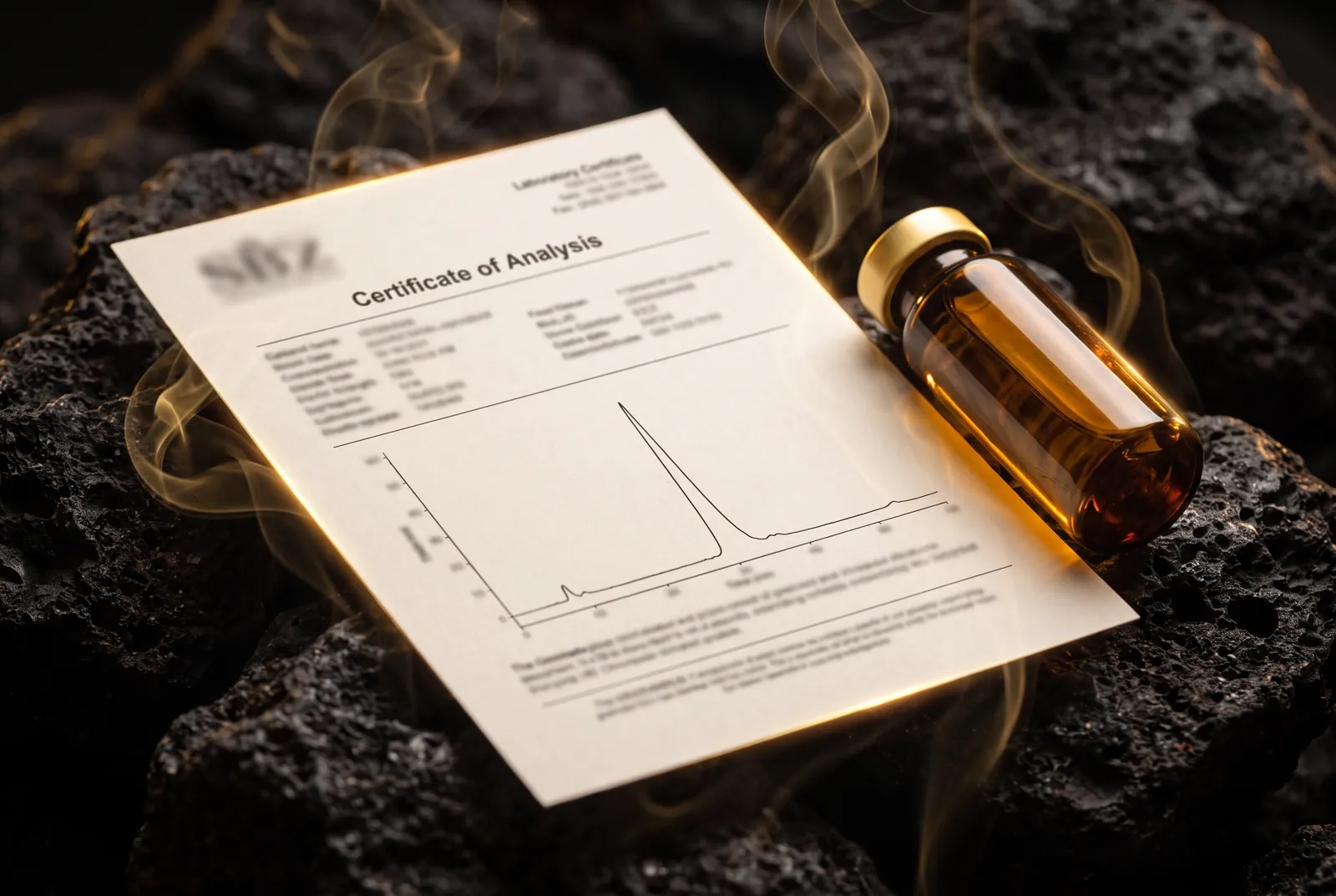 A certificate of analysis beside the vial it describes.