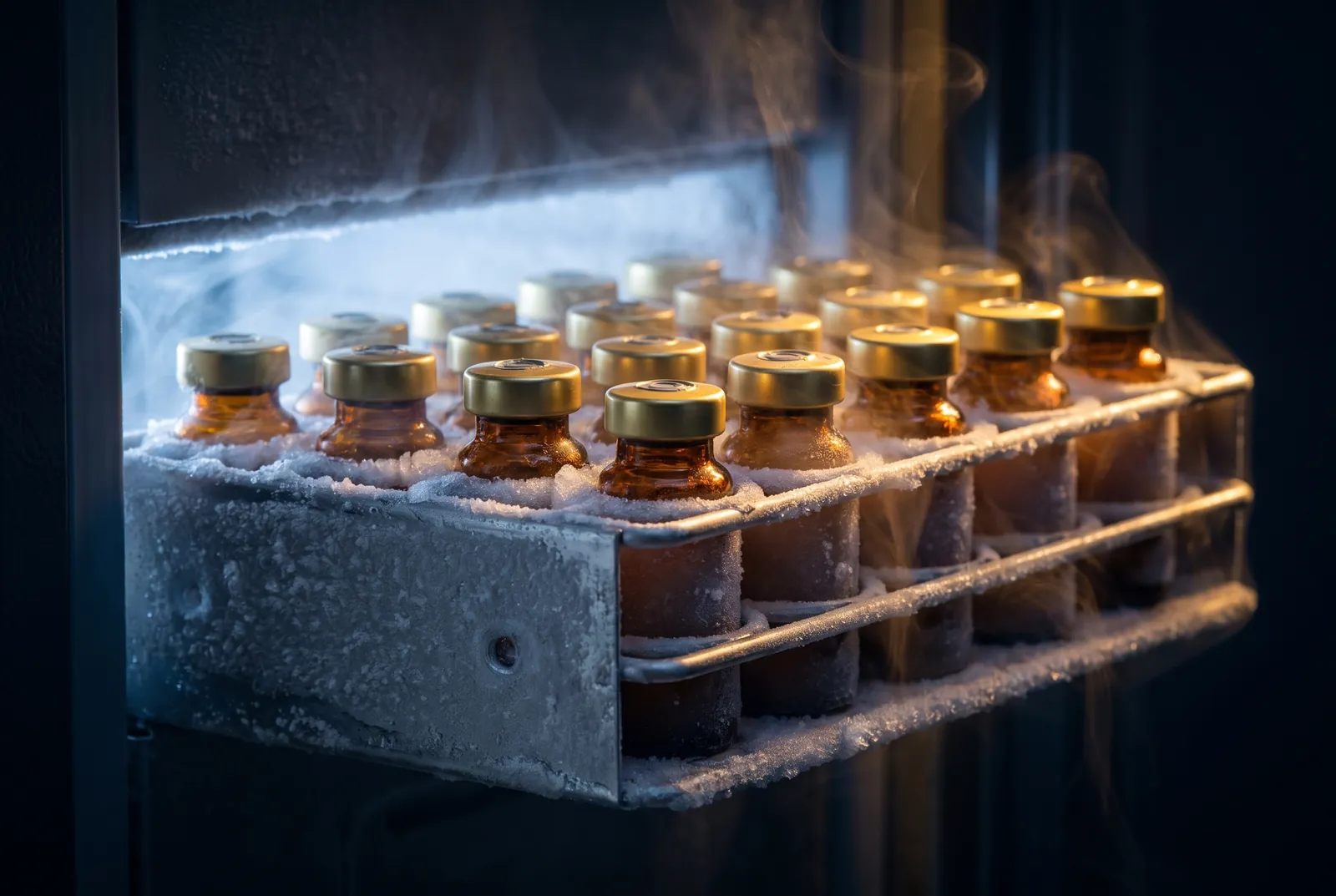 Lyophilized material stored cold and sealed.
