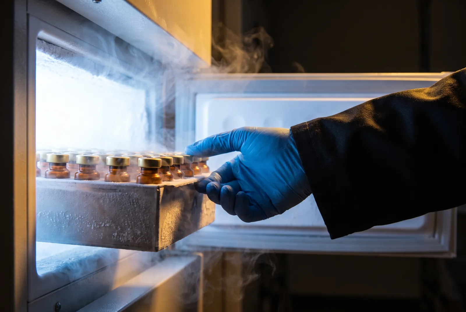 A gloved hand slides a frosted rack of vials into a laboratory freezer.