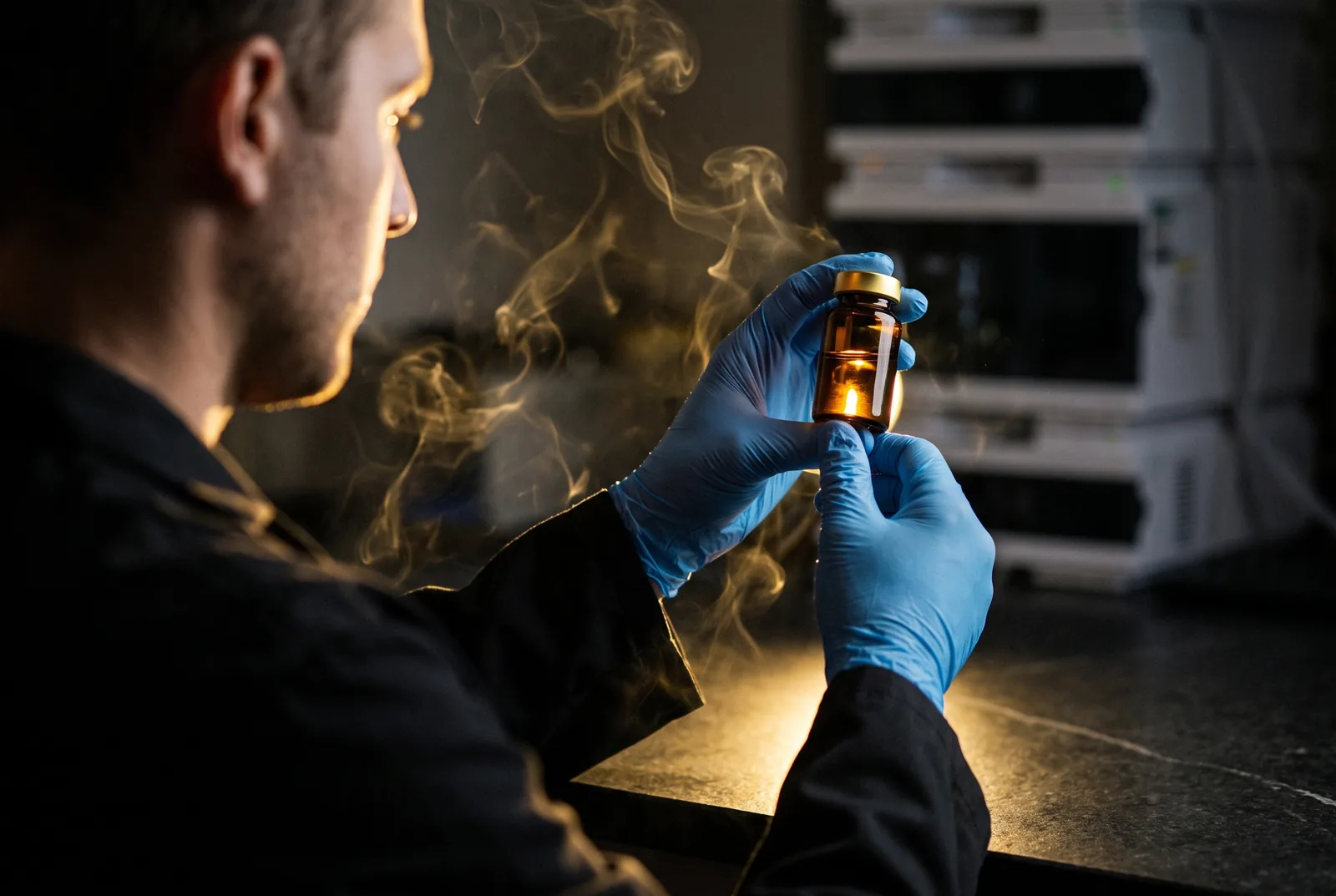 Gloved hands hold a vial of freeze-dried peptide up to the light before mixing.