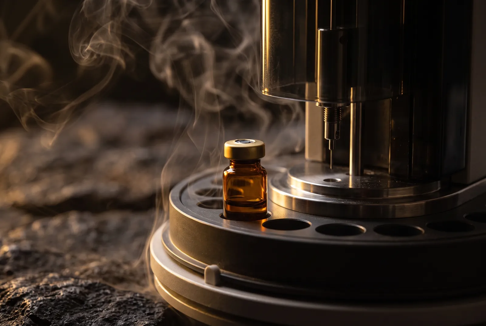 A single vial in the sample tray of an HPLC instrument.