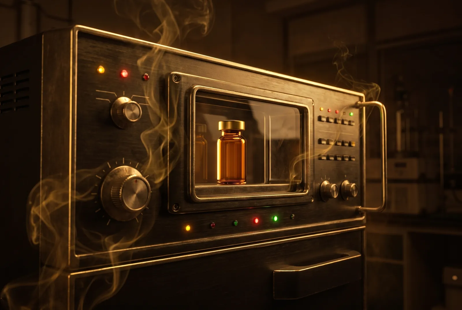 An analytical instrument in a dark laboratory.