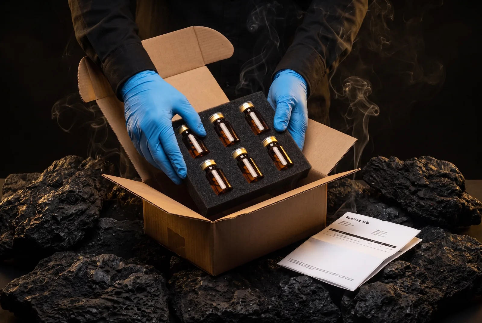 Gloved hands placing a foam insert of six vials into a plain shipping box beside a packing slip.