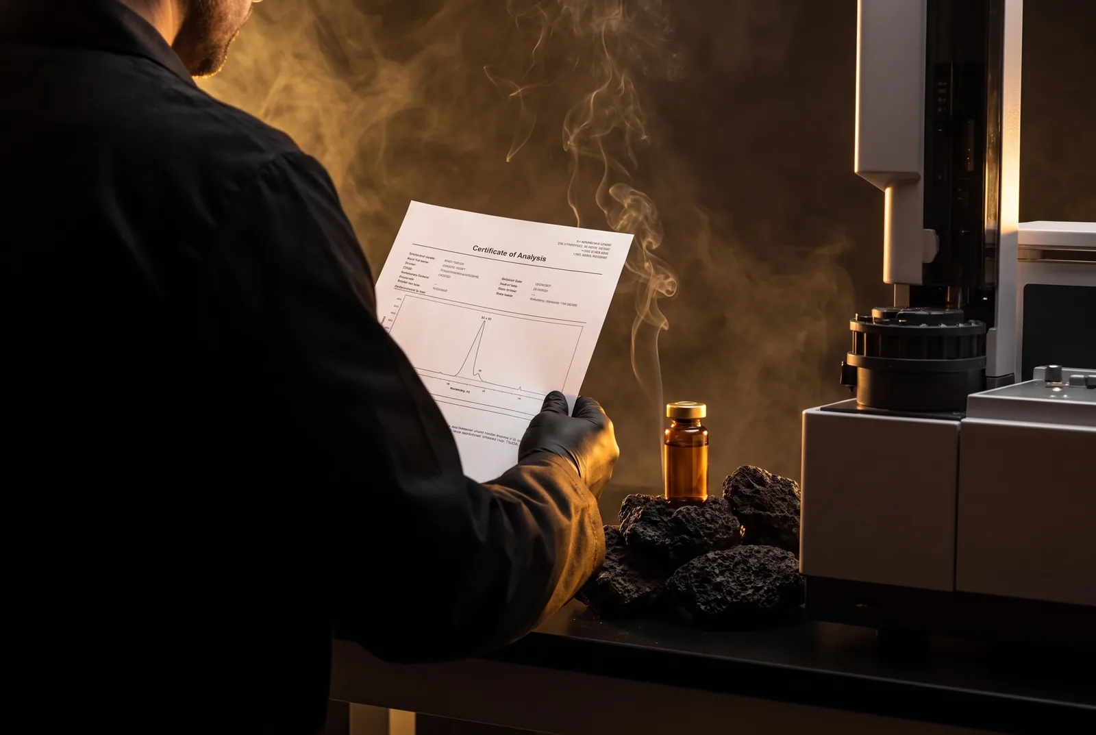 A technician reads a printed certificate of analysis beside the vial it covers.